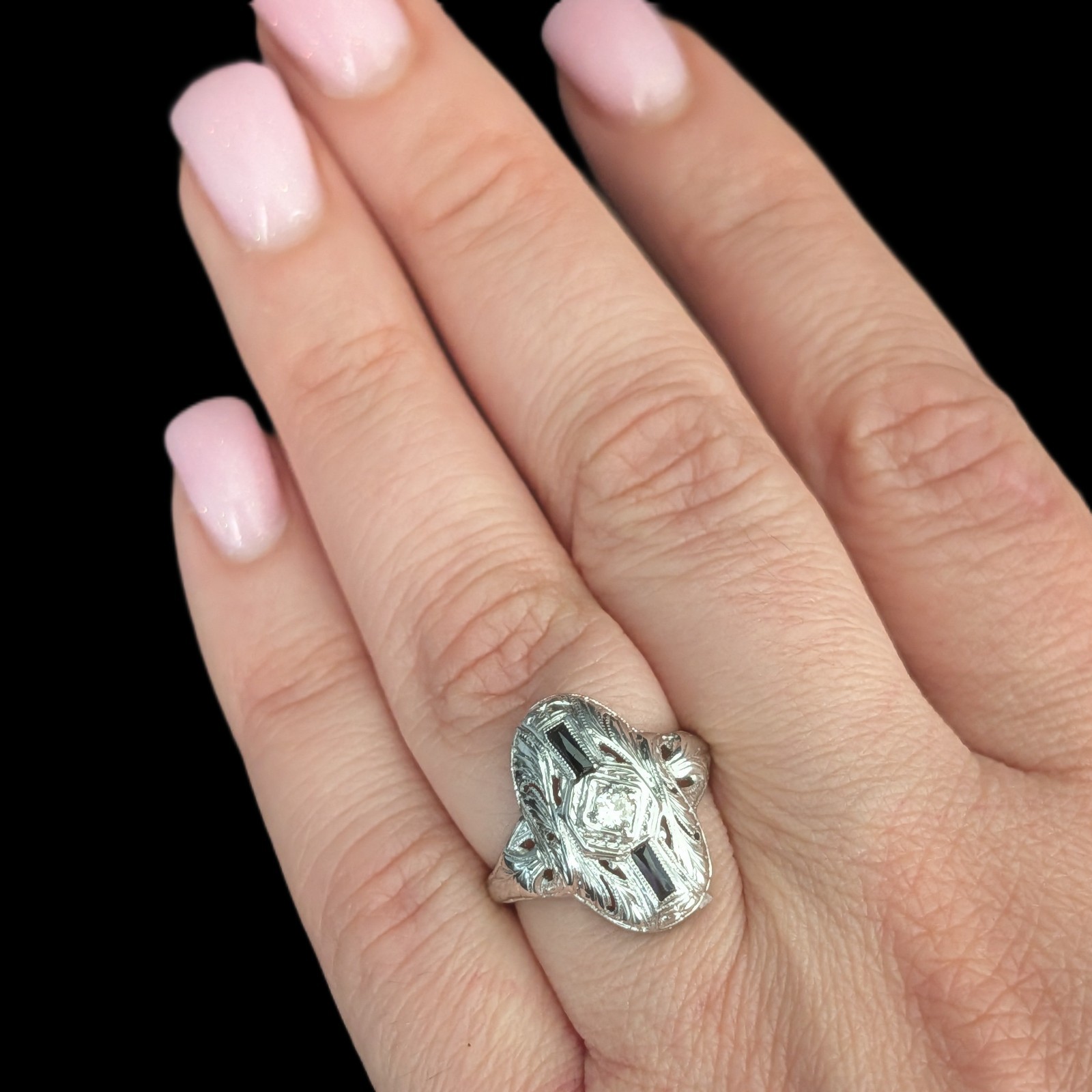 1920s Art Deco Old European Cut Diamond Lab Sapphire 14k White Gold Ring Antique
