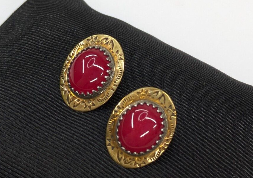 MW Signed Pink Stone Cabochon Brass Sterling Southwestern Pierced Earrings 3/4″