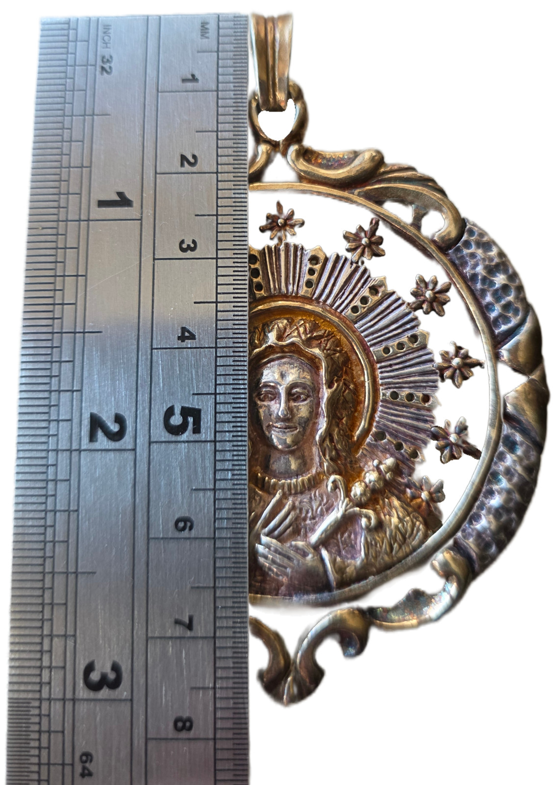 Exceptional antique solid silver Virgin Mary medallion in high relief —t Ca 1890