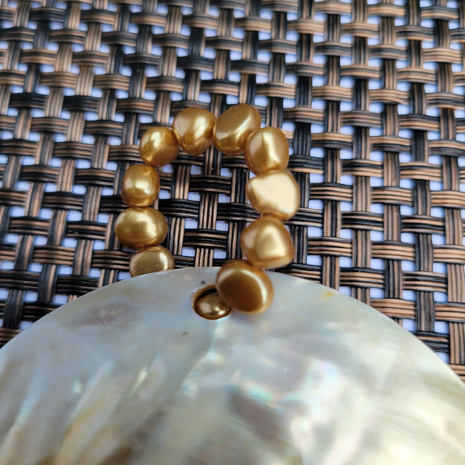Vtg “Sunrise” Orange Mother Of Pearl w/ Faux Baroque Pearls Statement Pendant