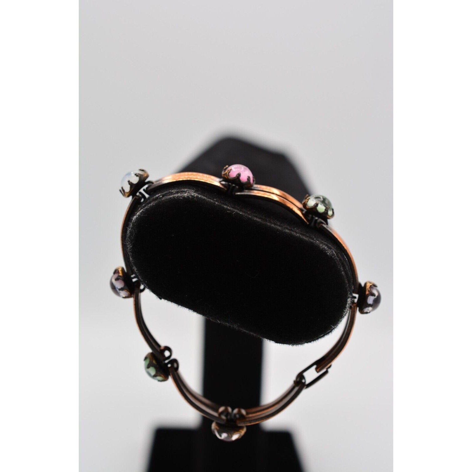 Vintage Cabochon Bracelet Copper Tone Pink White Linked Chain 1980s Bin8