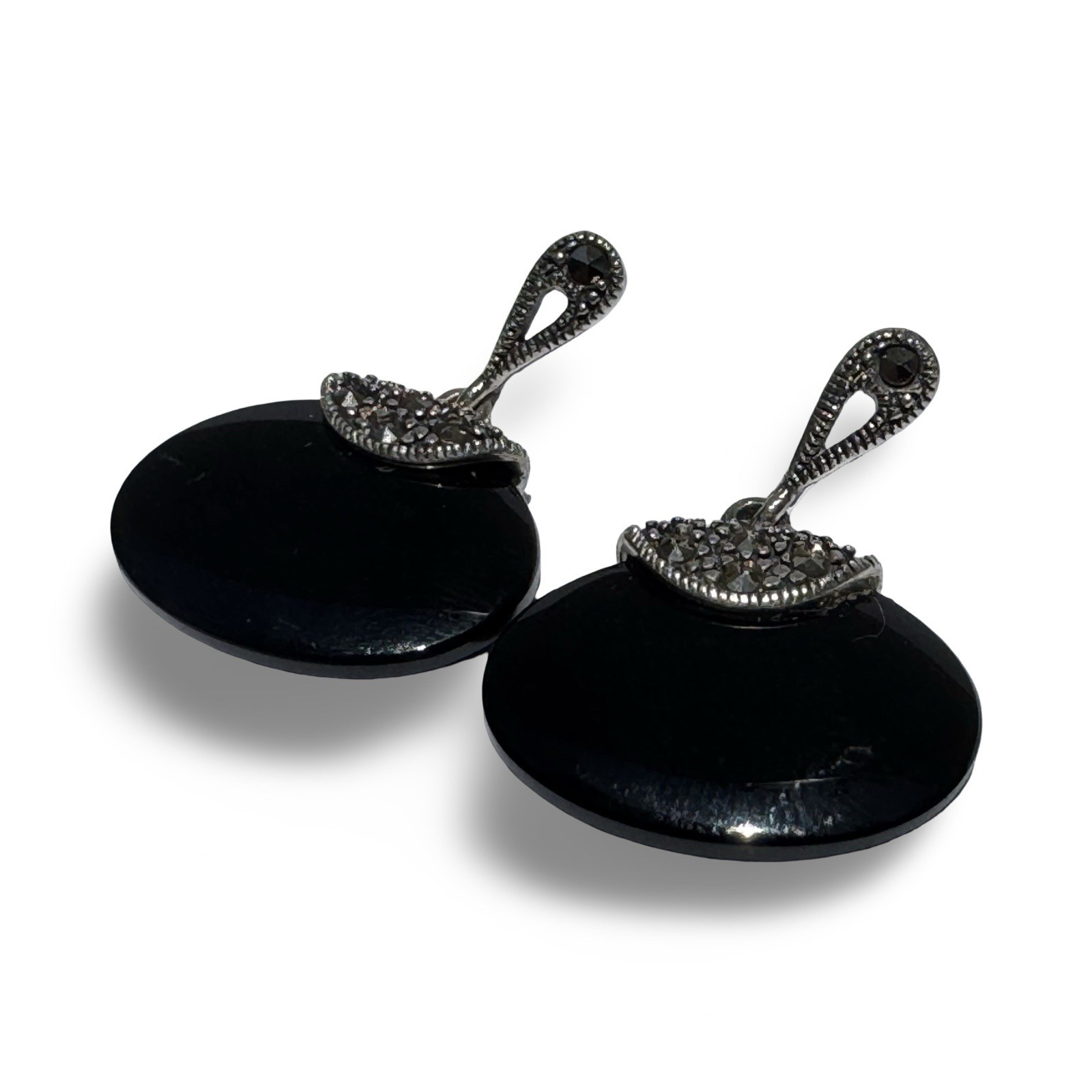 Vintage 925 Sterling Silver Black Onyx Marcasite Dangle Earrings Signed R