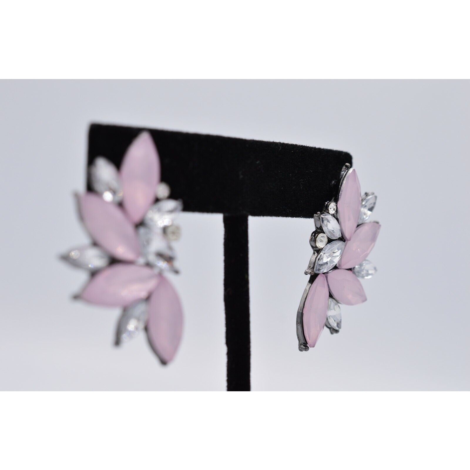 Statement Earrings Rhinestone Crystal Frosted Pink Lucite Marquis Gunmetal Bin4