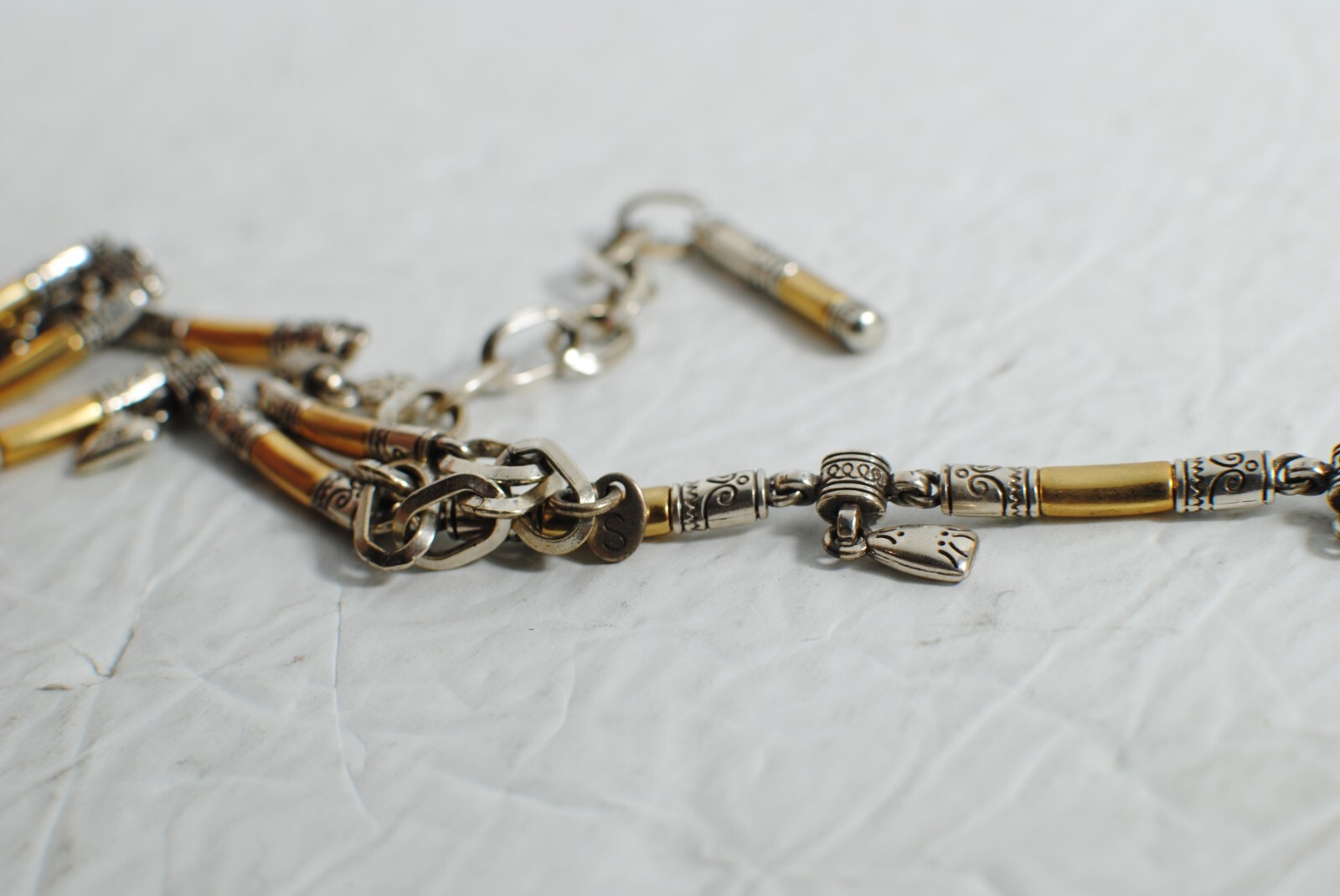 Retro Vintage Shiny Gold Tone Bar Link Chain with Small Charms Necklace 30”