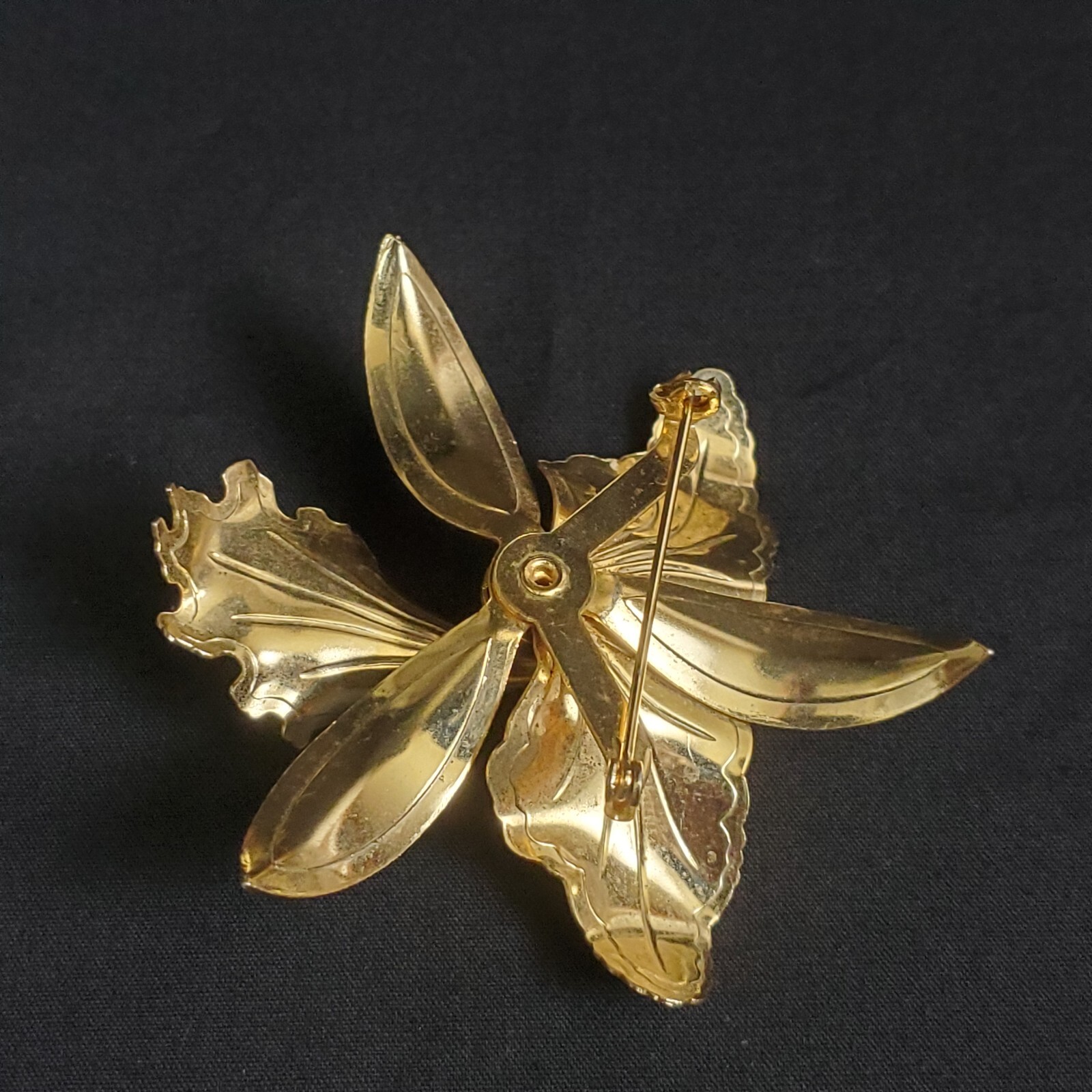 Flower Orchid White Purple Enamel Vintage Gold Brooch Statement Pin Large