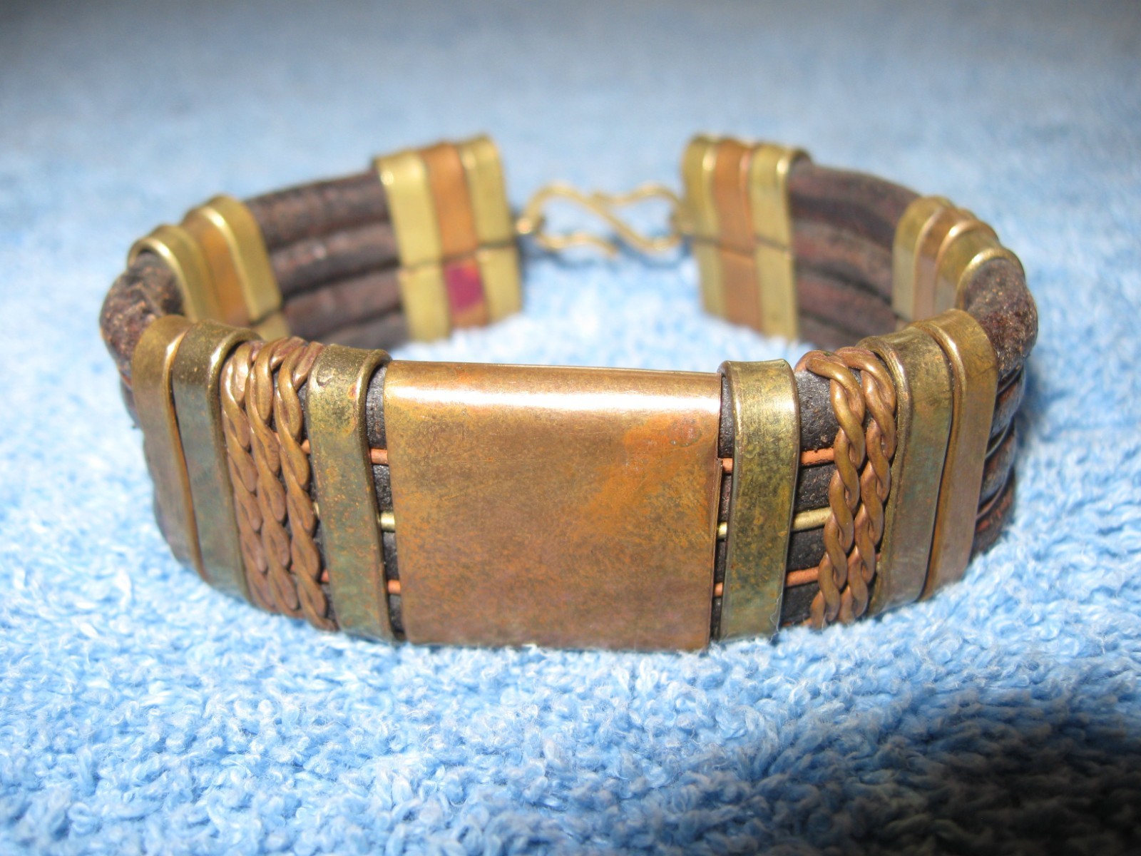 Leather & Brass Bracelet w/Hook Clasp, 3/4″ wide x 3″ Diameter Artisan Made