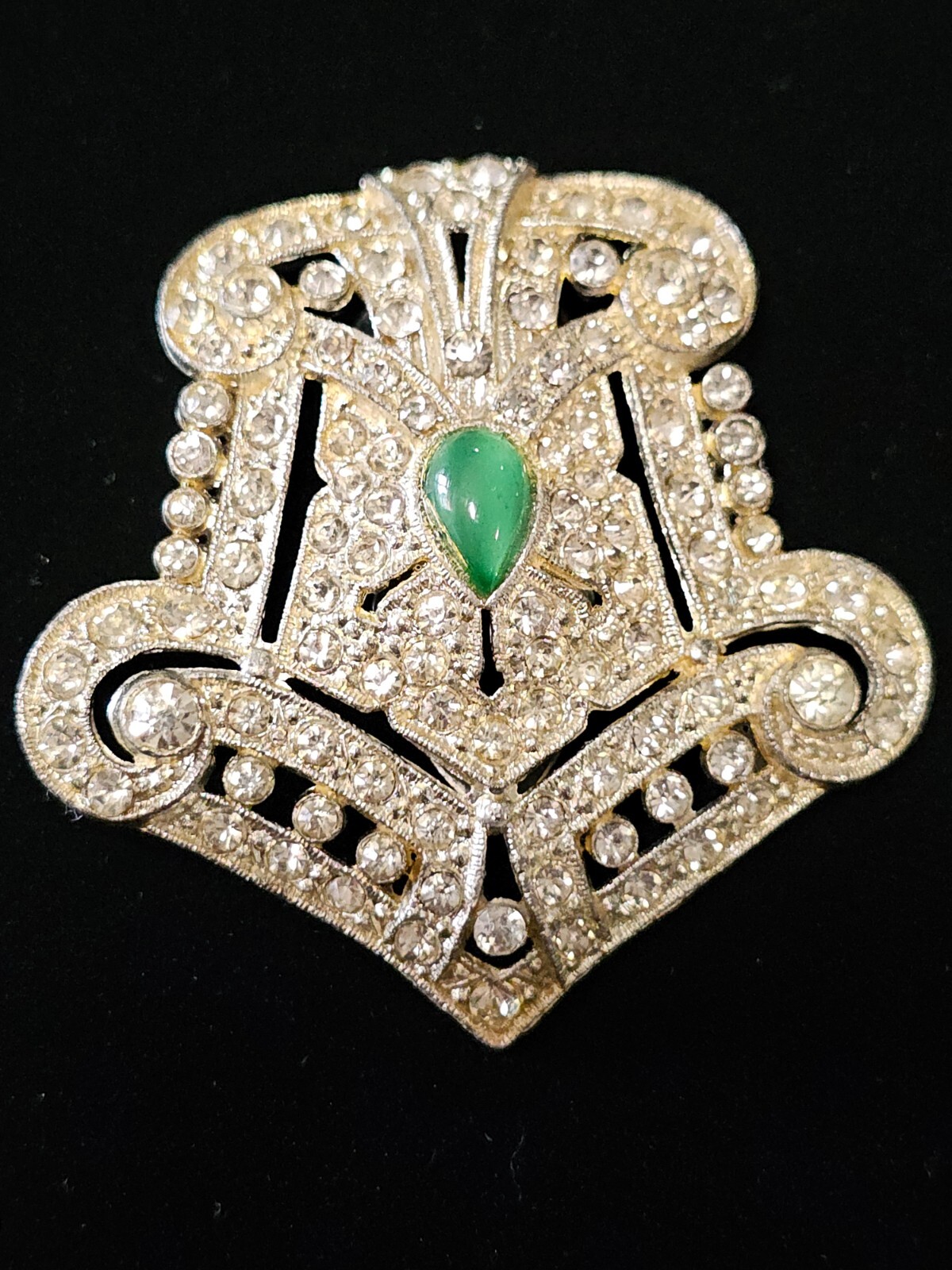 Big Vtg 1930s Pot Metal Signed PJC Green Glass Rhinestone Deco Dress Clip Brooch