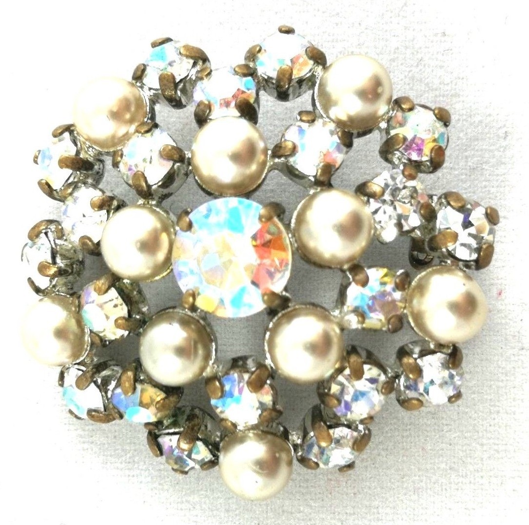 Czech Brooch Mid Century Pin Vintage Glass Rhinestone Faux Pearls Vtg Accessory