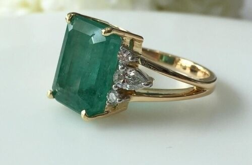 Art Deco 4.20Ct Natural Emerald Antique Vintage Wedding Ring 14K Yellow Gold FN