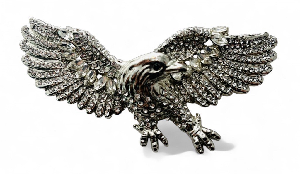 Vintage 80’s Chunky Glass Rhinestone Figural Eagle Brooch Pendant Military Style