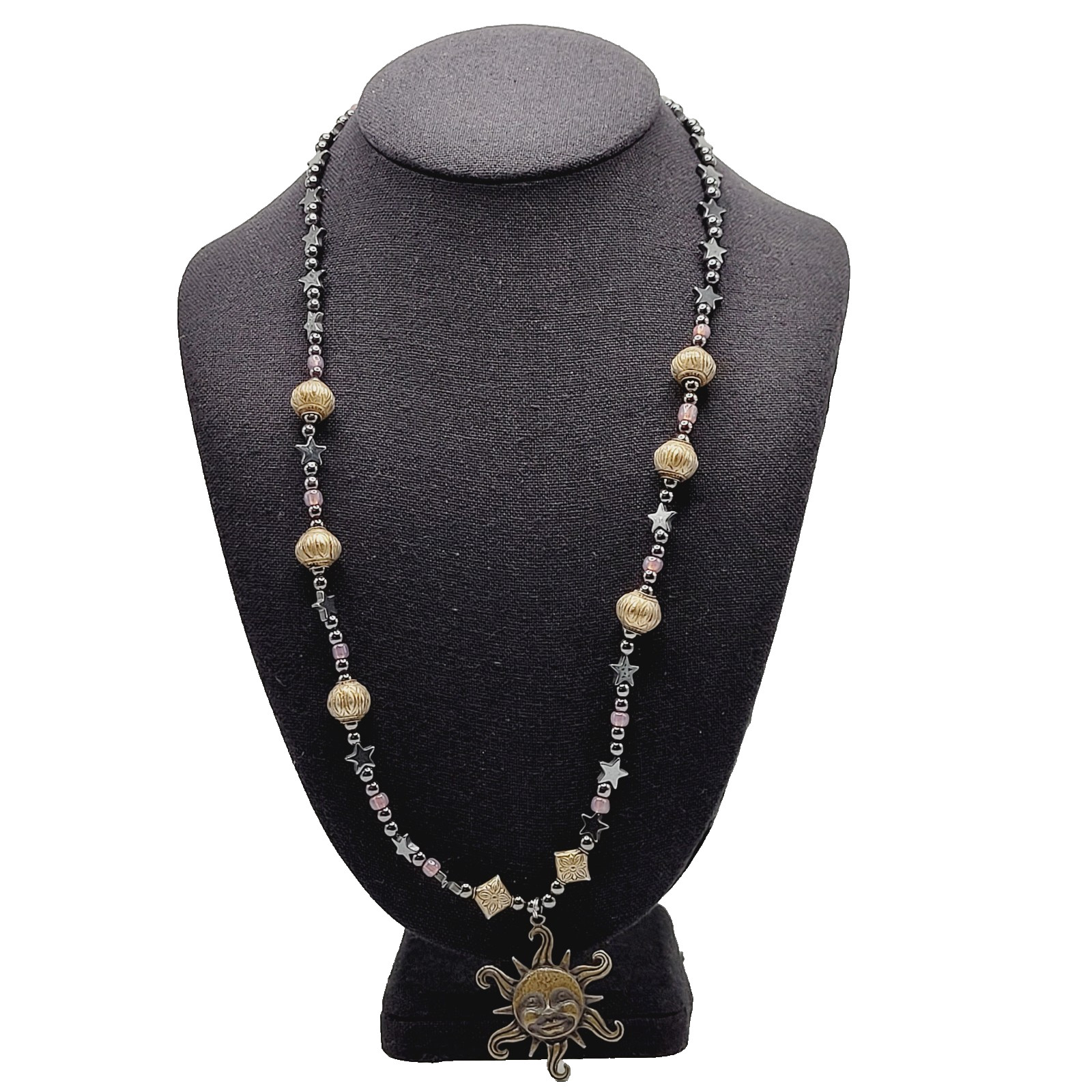 Celestial Sun Stars Black Hematine Bead Pendant Gold Tone Cone Ends Necklace