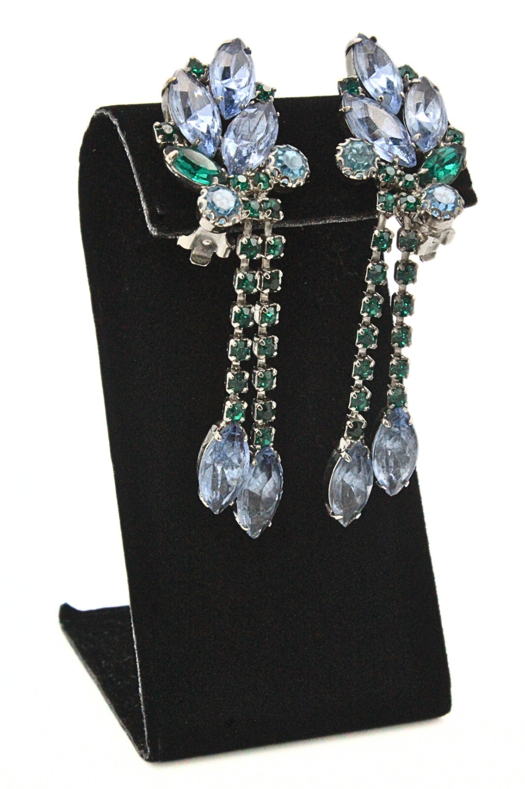 Holiday Light Blue Green Fancy Rhinestones Crystal Dangle Drop Long Earrings
