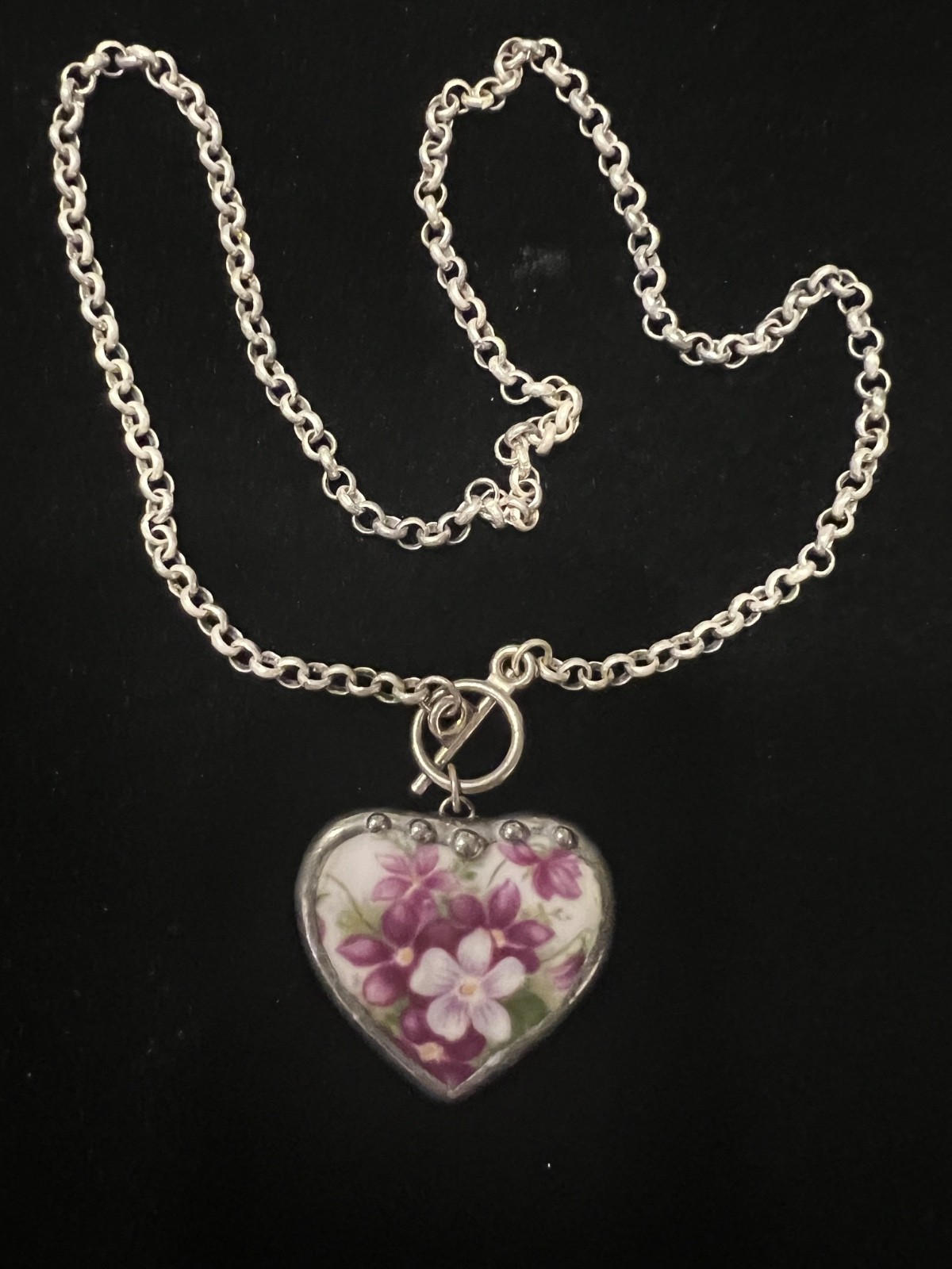 Vintage 925 Sterling Necklace Forget-Me-Not Porcelain Flower Hand Made