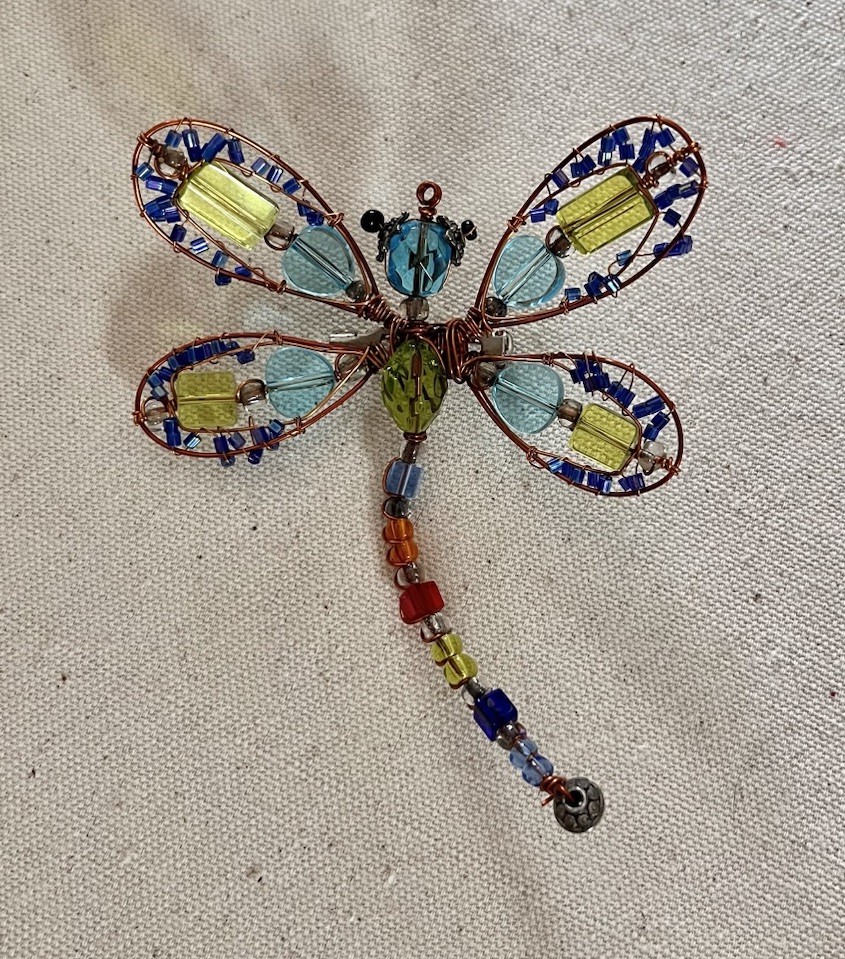 Vintage Handmade Copper Wire Multicolor Glass Beaded Dragonfly Large 4” Brooch
