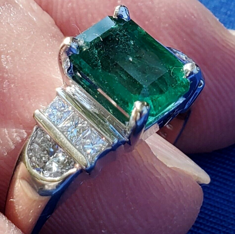 Original EARTH MINED EMERALD DIAMOND Deco Engagement Ring 14K GOLD Solitaire S 7