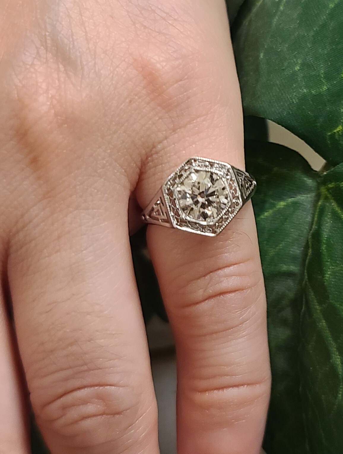 1.26ct 14k White Gold Filigree Engagement Ring Natural Champagne Round Diamond
