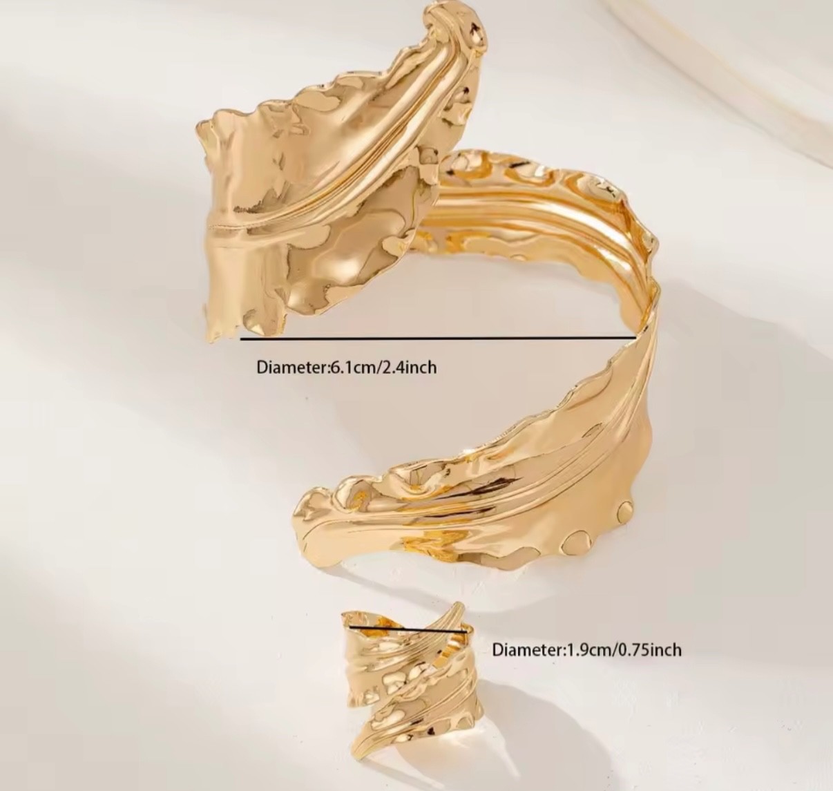 Vintage Gold Leaf Bracelet & Adjustable Spiral Ring Set for Women Pleated Bangle