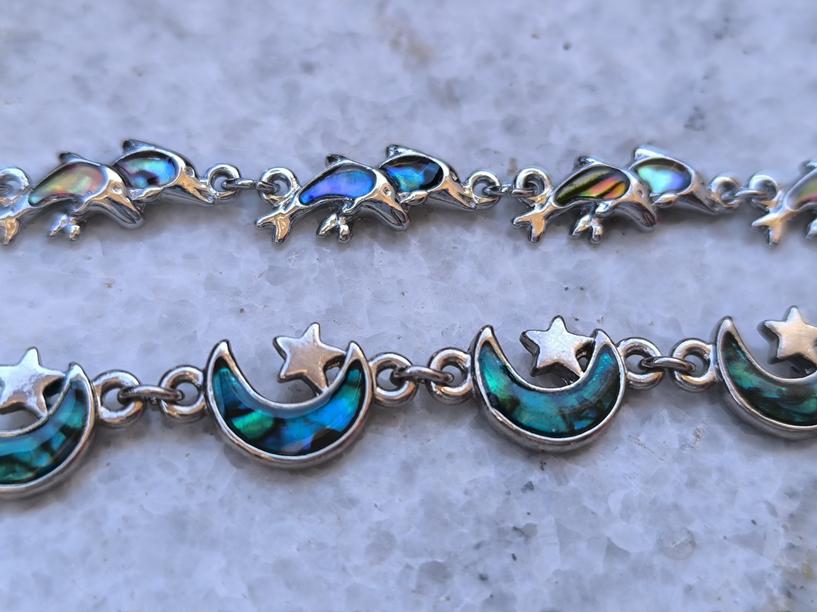 Two vintage cute metal and Abalone shell bracelets