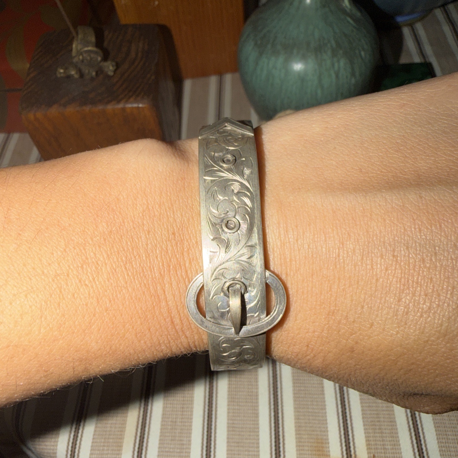 Sterling Silver Hinged Buckle Bangle Bracelet Etched Floral Signed HW
