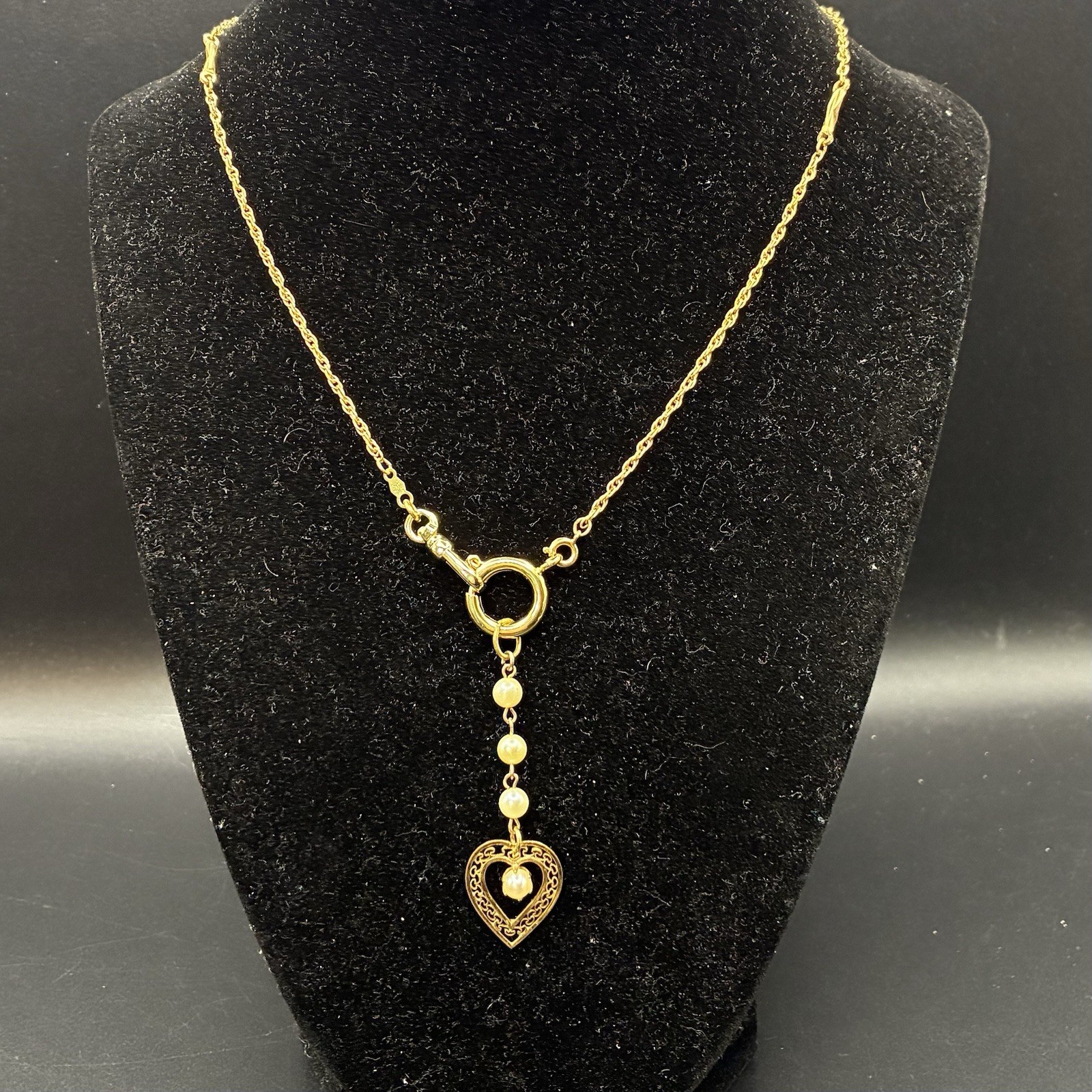 Stunning Vintage 12k Gold Filled Pocket Watch Chain FOB, Dog Clip, Heart Charm
