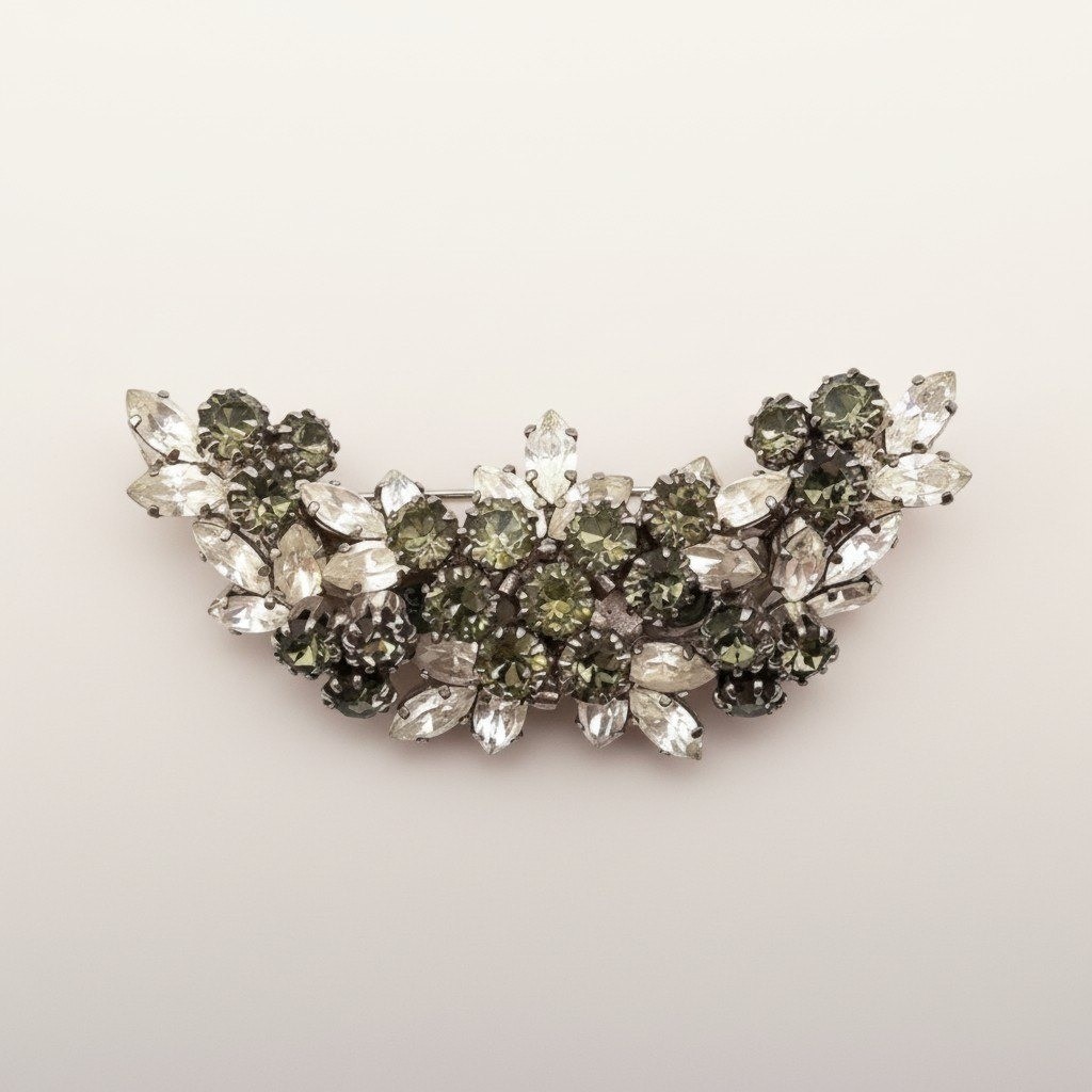Vtg Schoffel & Co. Austrian Crystal Statement Brooch Green Gray Pin Floral Pin