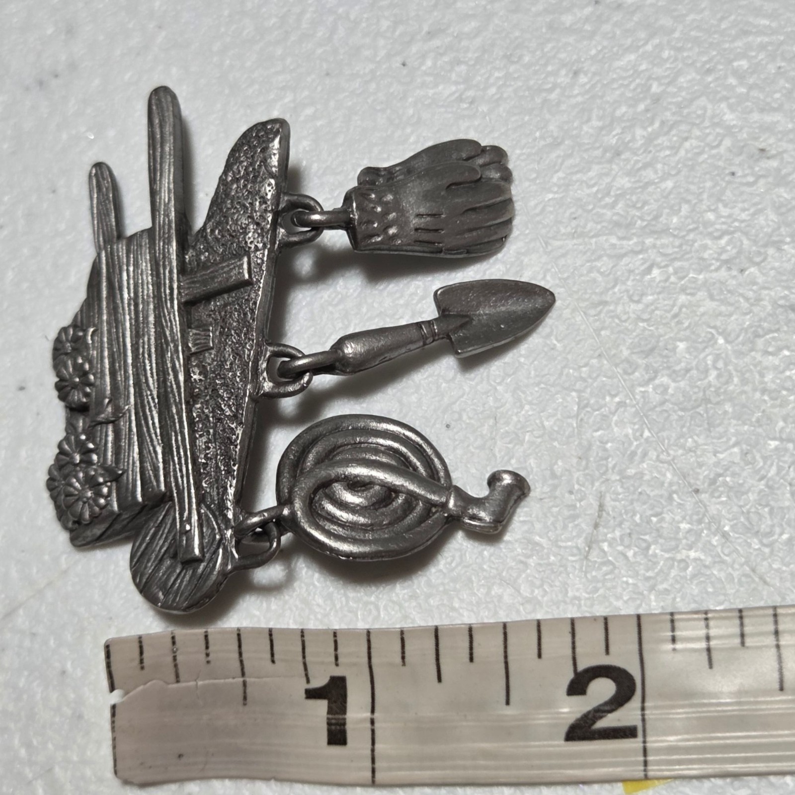 Vintage Pewter Garden Tools Brooch Shovel Hose Gloves Wheelbarrow Design USA