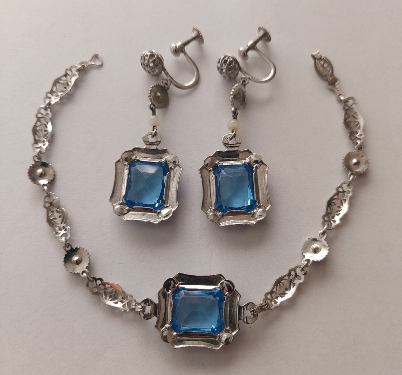 Antique Art Deco Blue Faceted Glass Ornate Filigree Bracelet & Earrings Set