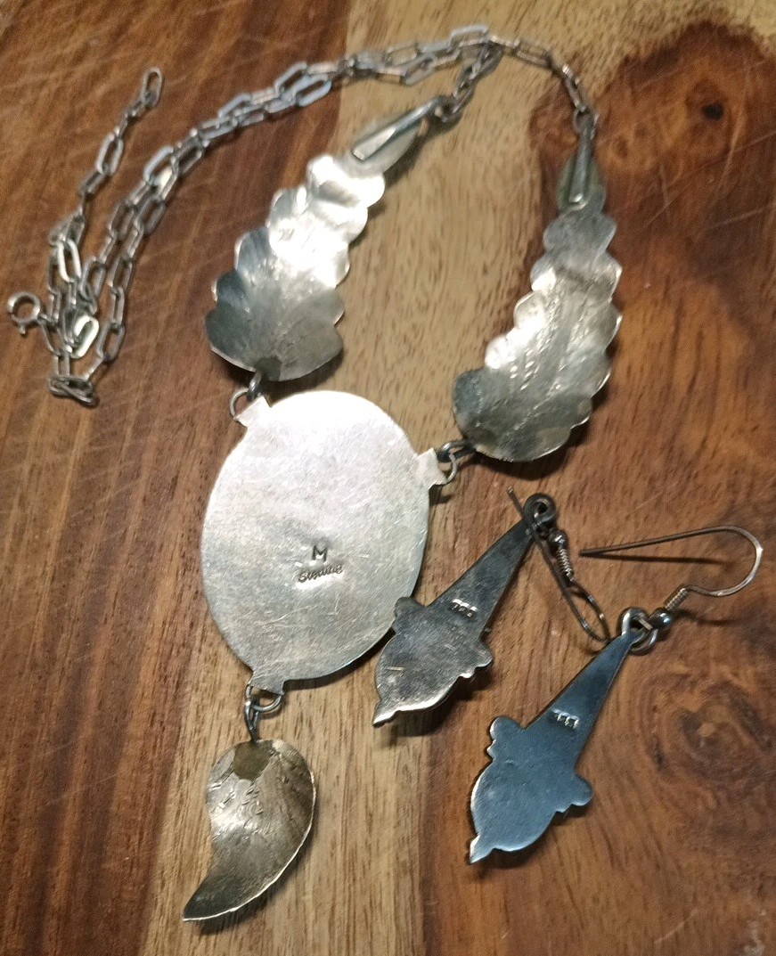 VINTAGE MALICHITE NAVAJO STERLING SILVER FEATHER NECKLACE & EARRINGS
