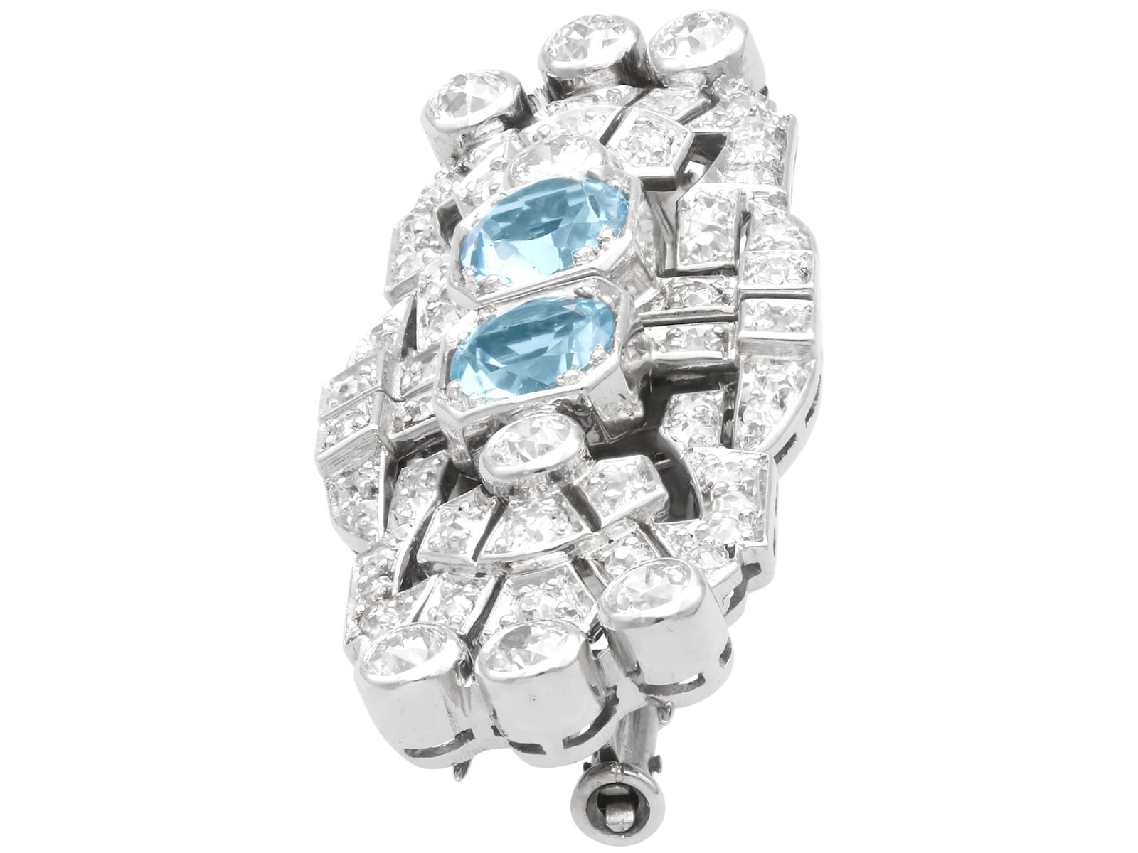 1.52Ct Aquamarine and 2.92Ct Diamond, 18k White Gold Double Clip Brooch
