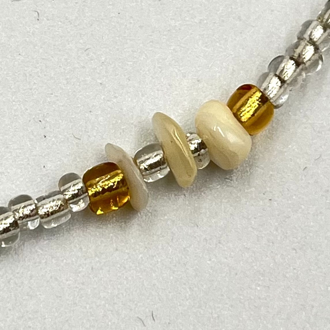 Vintage Earthy Seed Bead & Shell Chip Necklace Cream Amber Tone Boho Strand