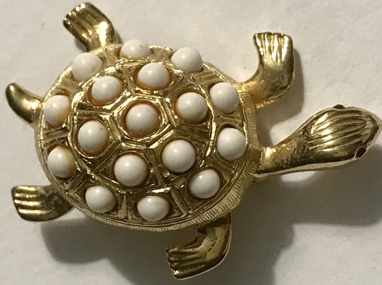 3D Tortoise Turtle Gold w/white Seed Beads BROOCH JEWELRY Vintage 1-1/2” Pin