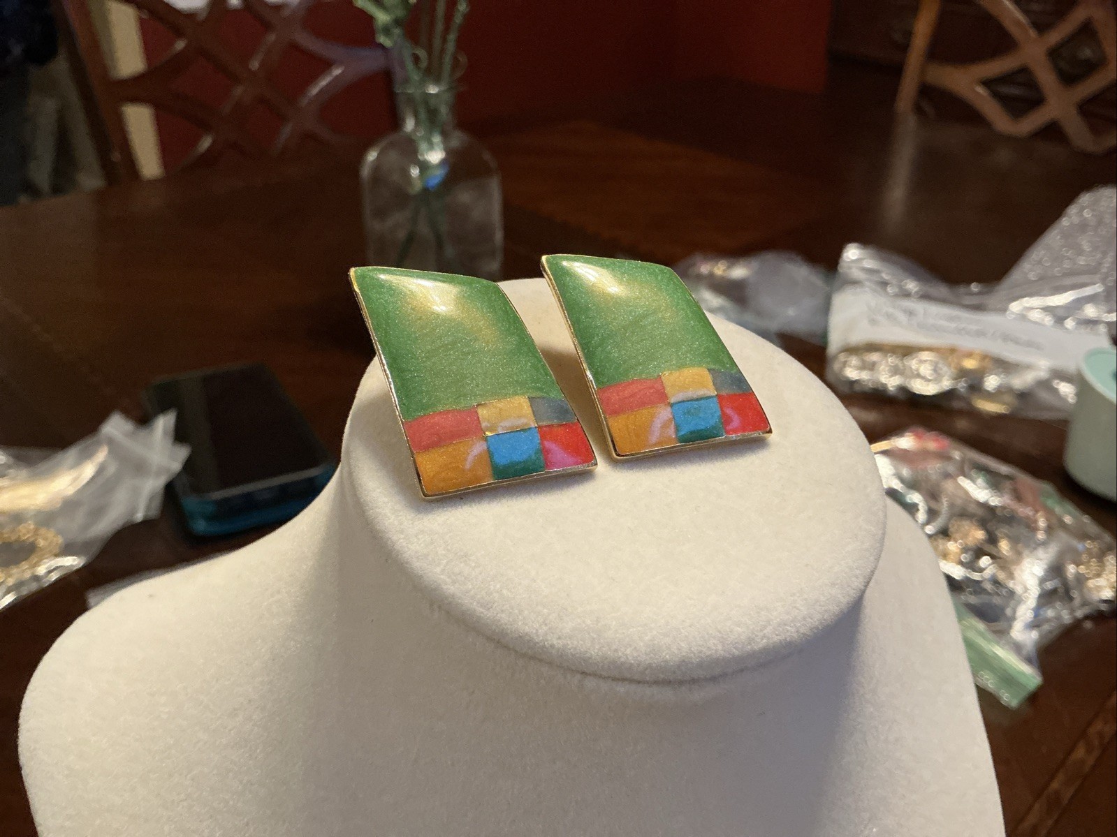 VTG Edgar Berebi Earrings Abstract Geometric Cloisonné Enamel Lime Green KB46