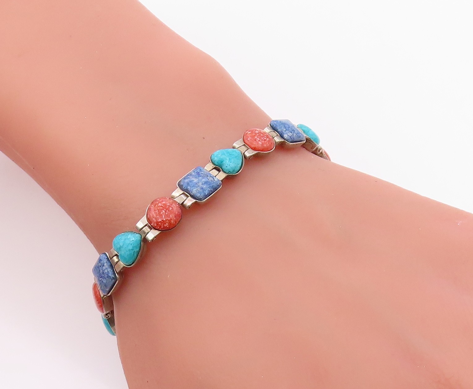 925 Sterling Silver Vintage Bracelet CAROLYN POLLACK Multi Gemstone Link BT12119