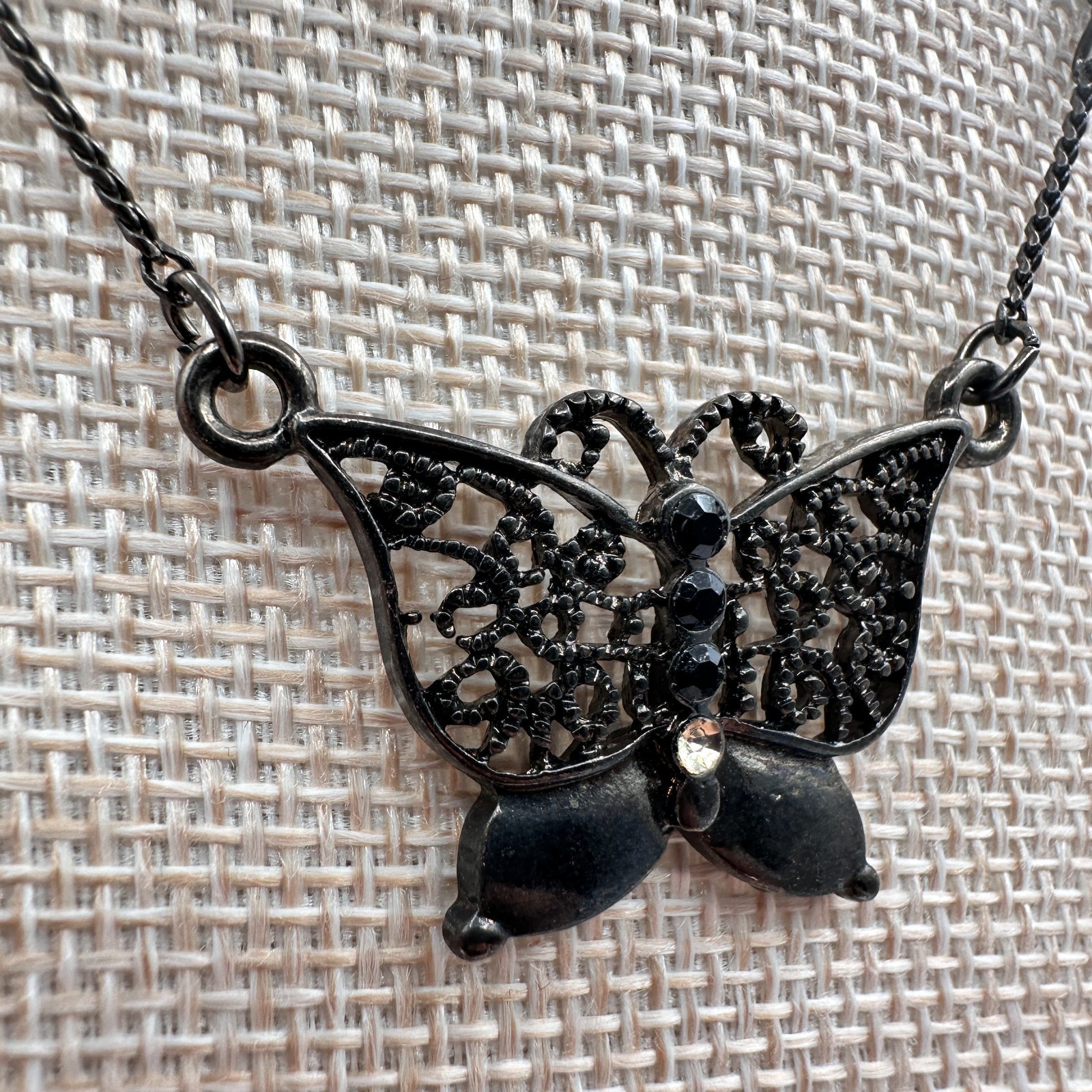 Vintage Y2K Rhinestone Filigree Butterfly Pendant Necklace Statement Jewelry