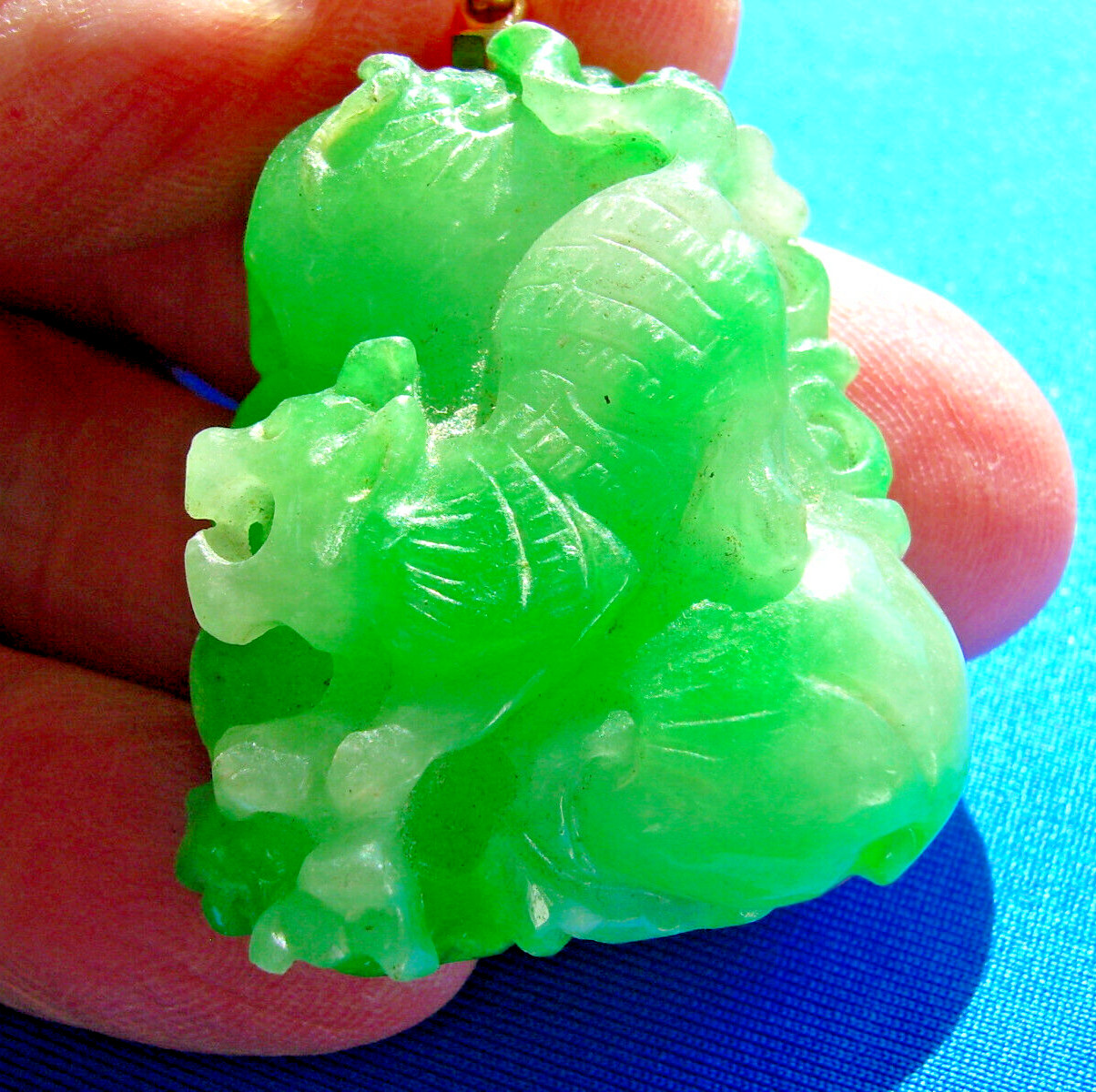 EARTH MINED Green Jadeite JADE semi translucent Pendant Lucky 18K GOLD Medallion