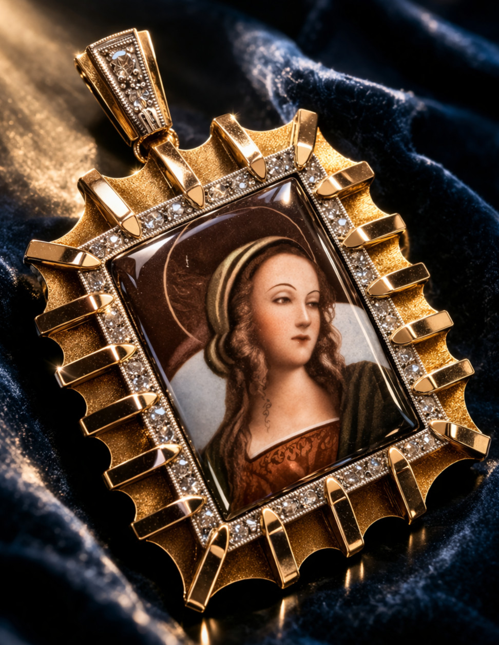 Antique sXIX 18K Gold Diamond Virgin Medallion Pendant Virgin Mary Very Rare SET