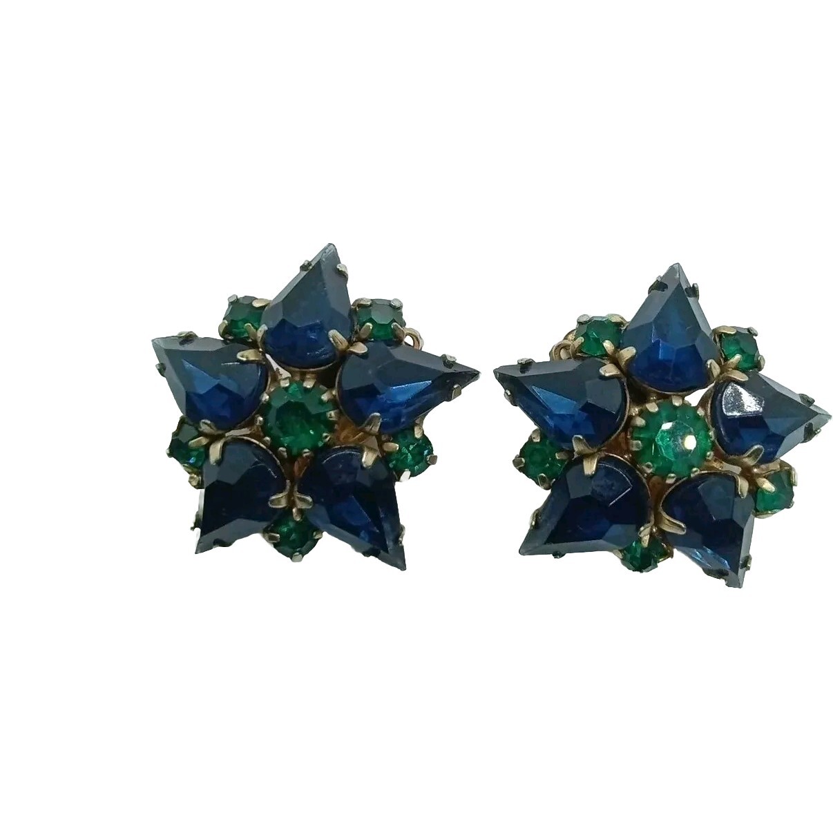 Vtg Sapphire/Emerald Crystal Rhinestone GoldTone Estate Star ClipOn Earrings #51