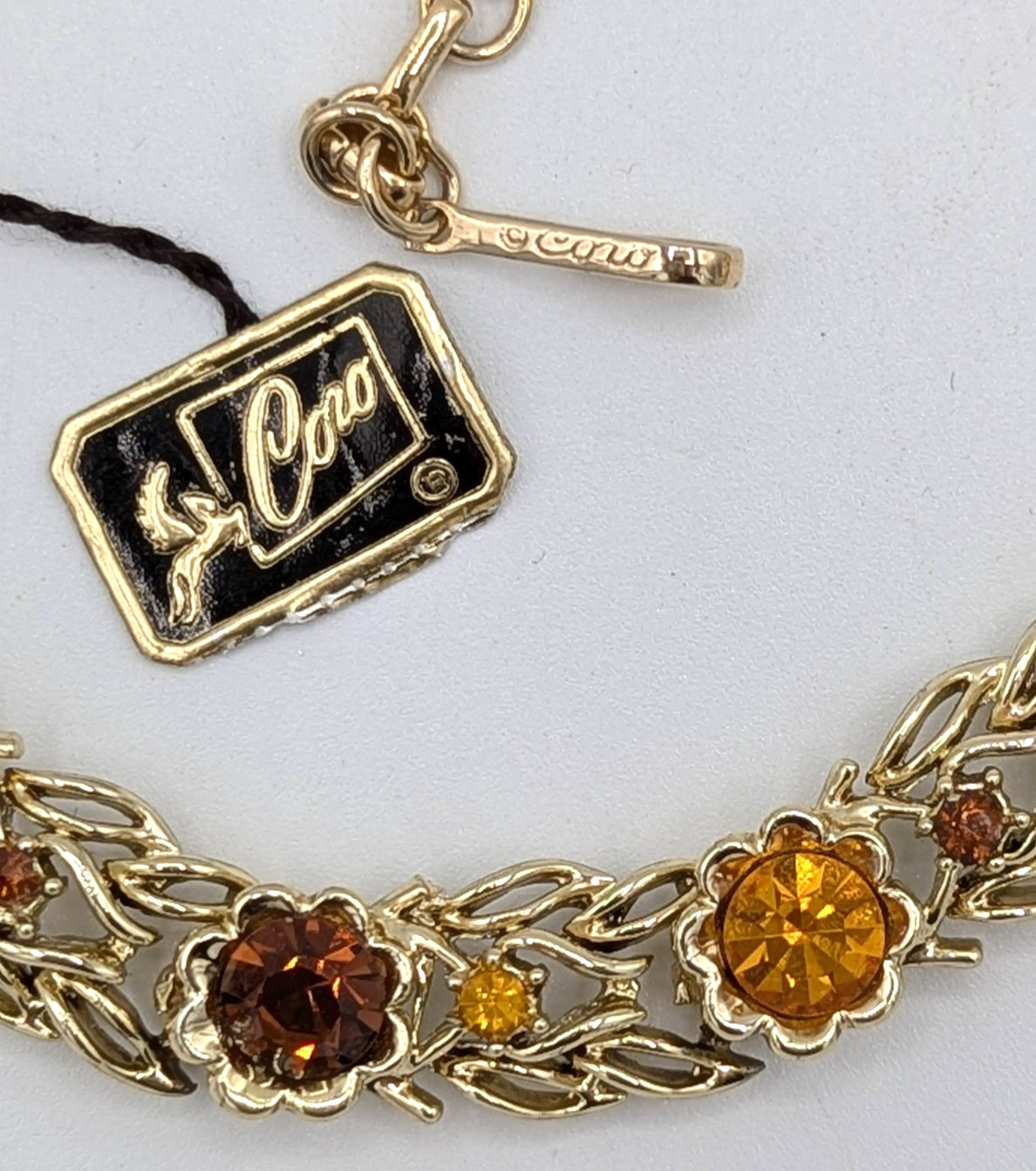 Vintage Coro Rhinestone Necklace Fall Colors Gold Tone Leaves Choker NOS Tag