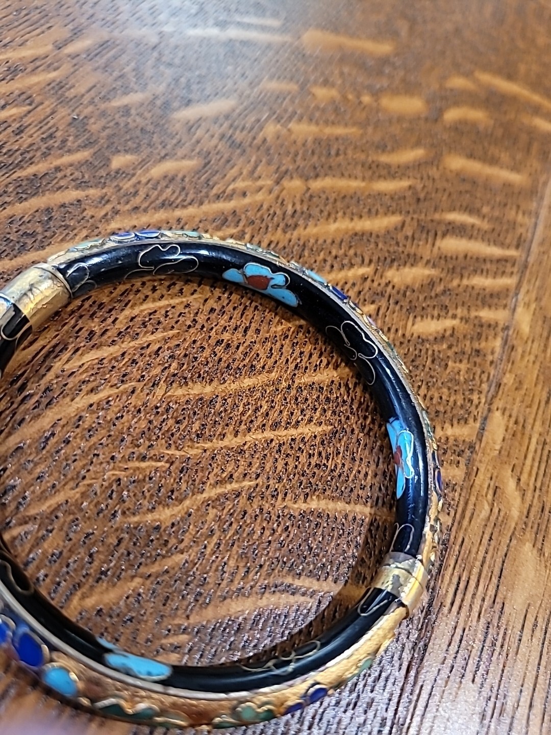 Vintage Chinese Gold Cloisonne Enamel Flowers Opening Hinged Bangle Bracelet