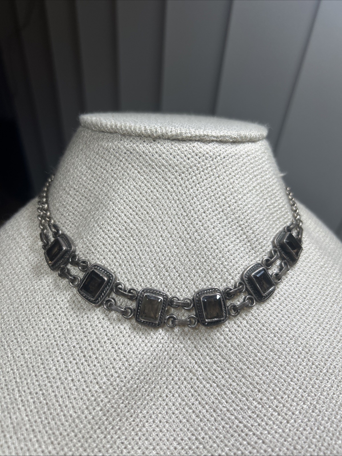 46. 925 Sterling Smoky Quartz Linked Double Strand Rolo Necklace 15 1/2″, 37.1g