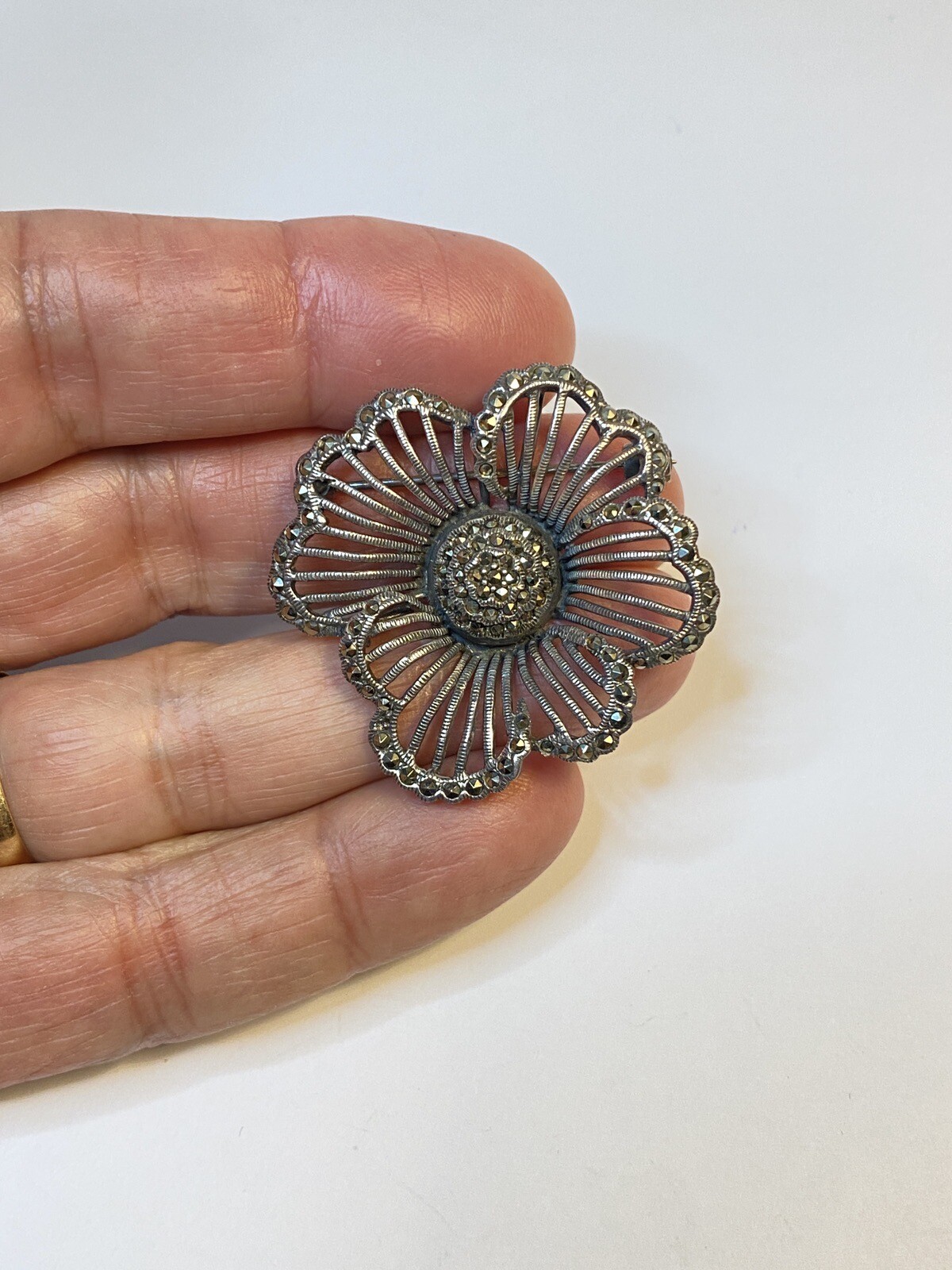 Vintage 925 Silver DBJ Pin Brooch Art Deco Marcasite 1.5″ Flower
