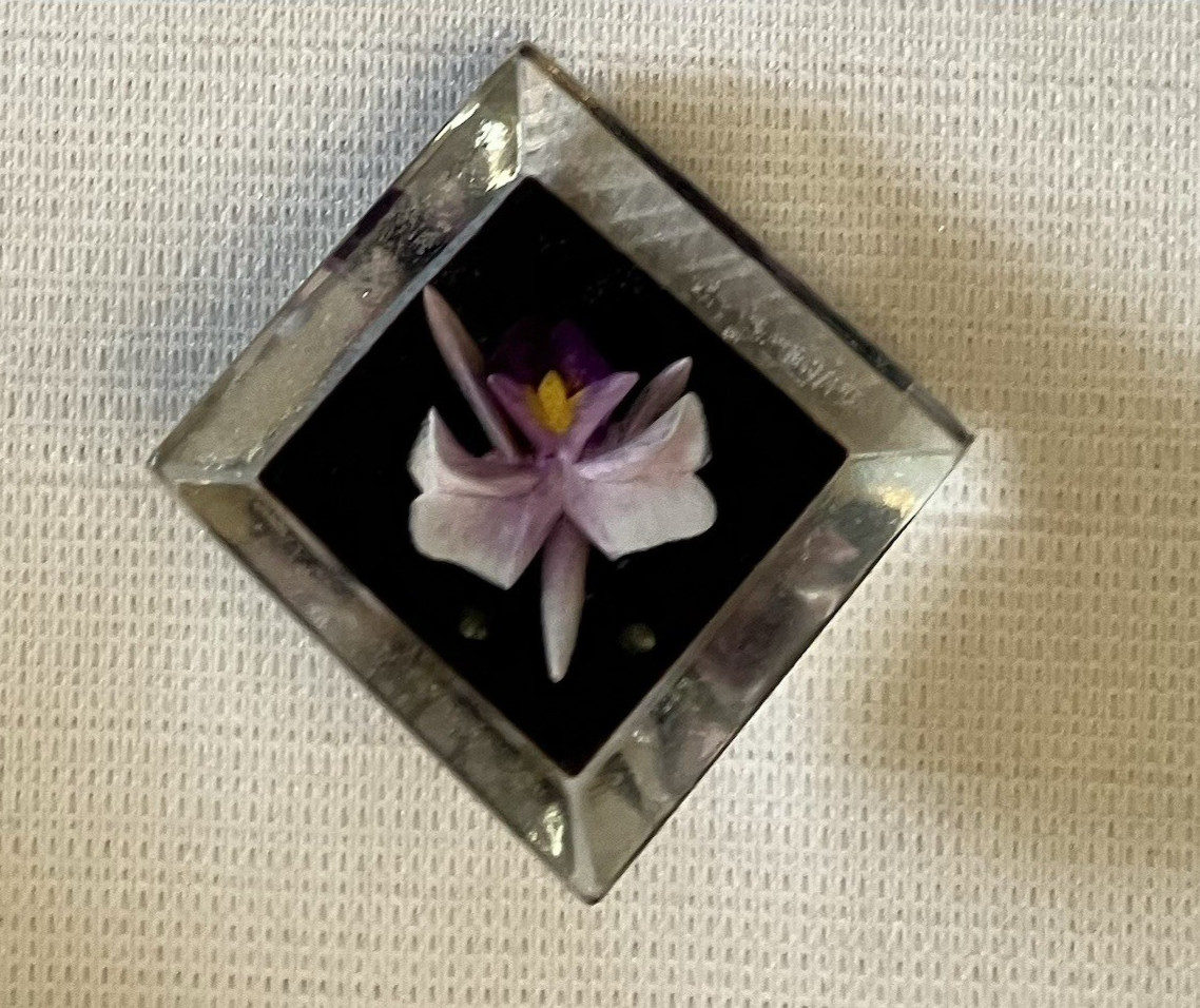 Vintage Reverse LUCITE Carved Purple ORCHID Pin Brooch Clear Floral