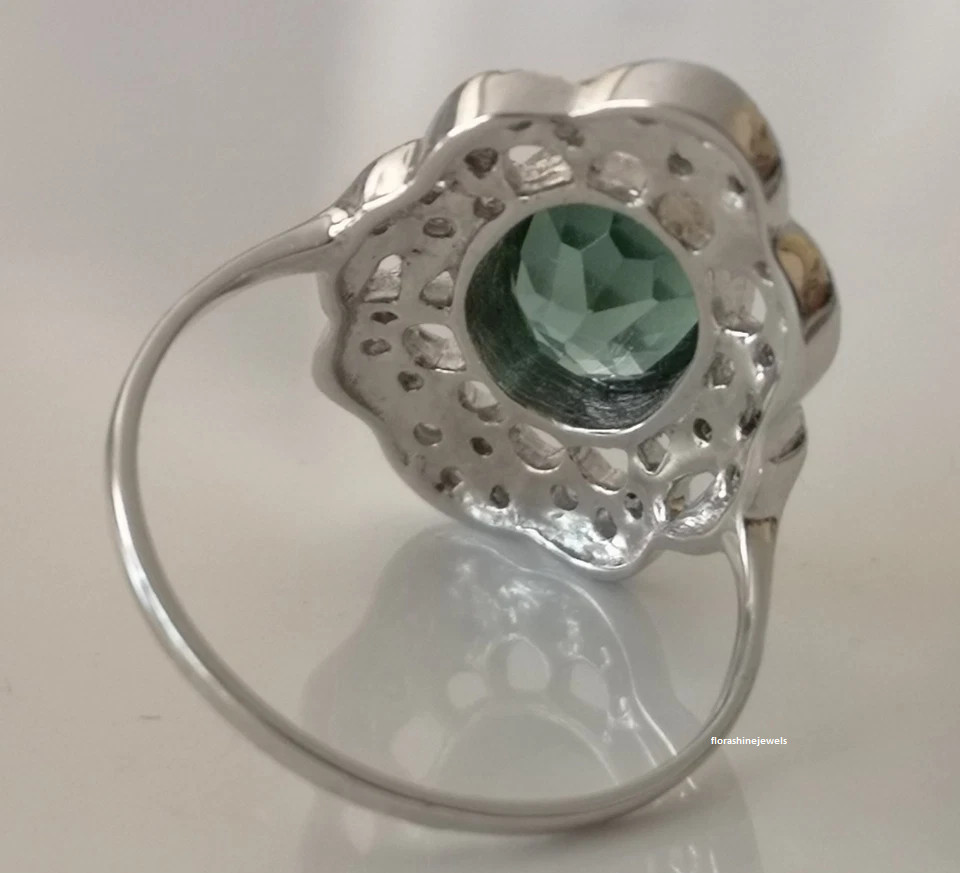 Light Vivid Green Oval Shape 7.45CT Emerald With Shiny CZ Art Deco Floral Ring