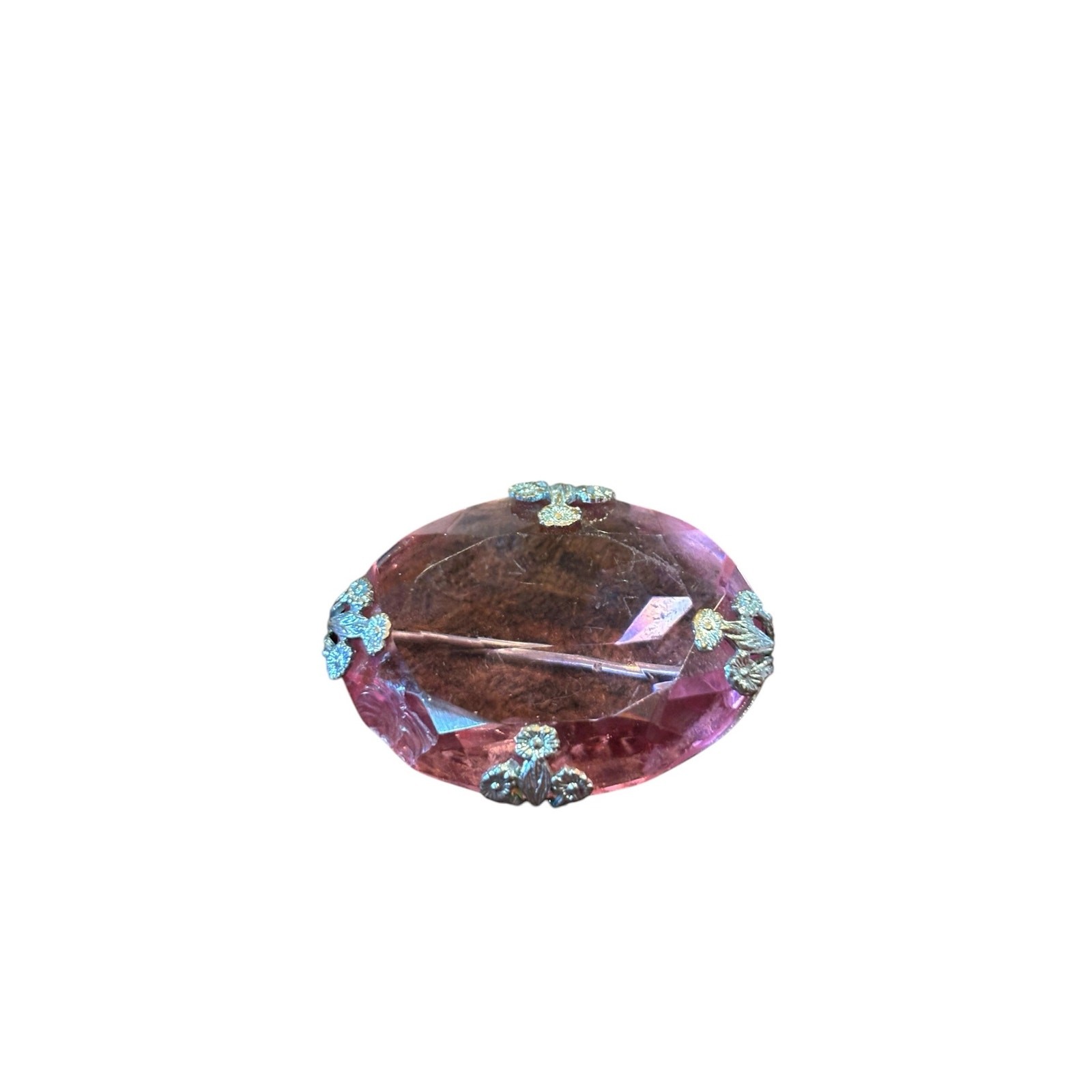 Vintage Pink Art Glass Brooch Faceted Crystal Cabochon Silver Tone Pin
