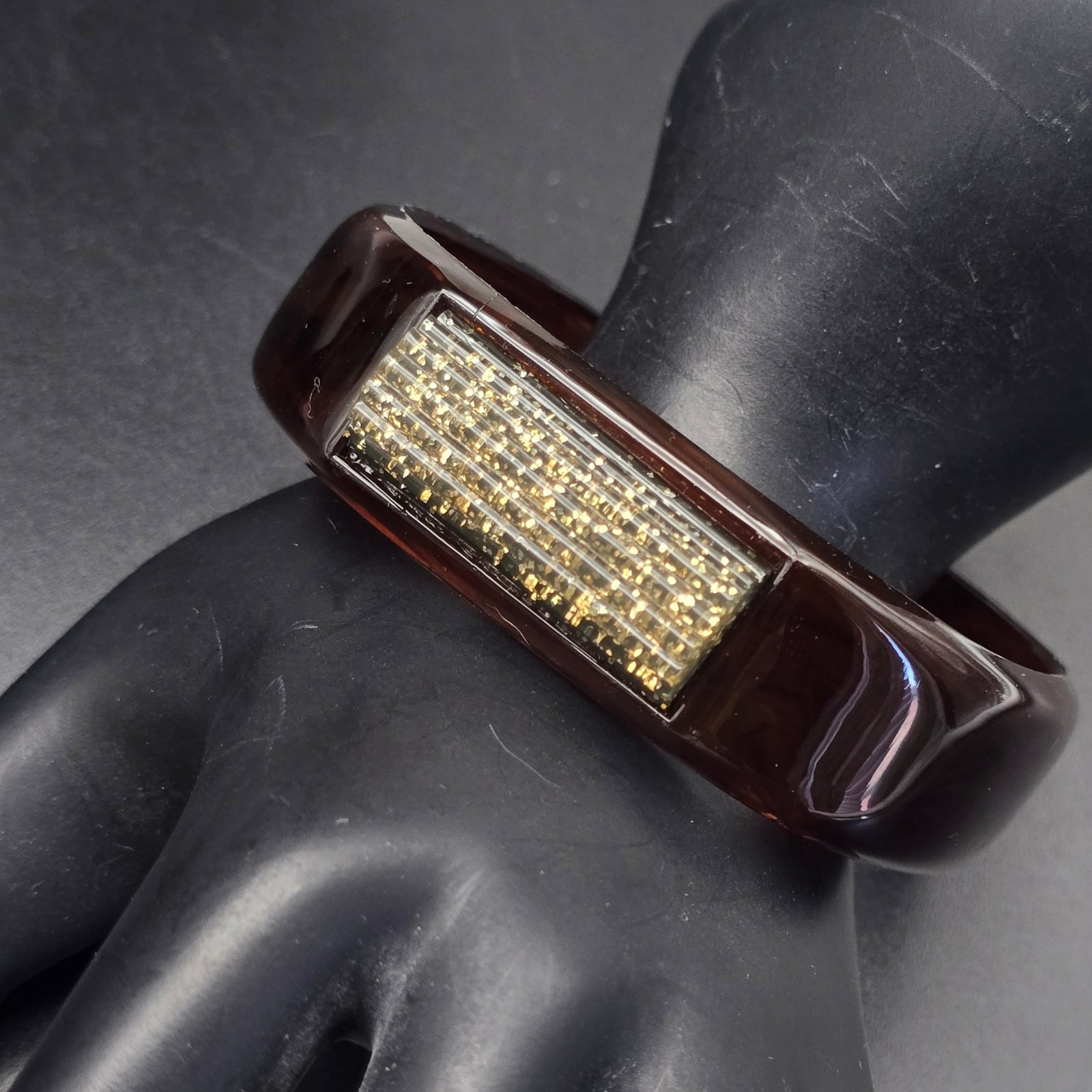Brown Faux Tortoise Shell Bangle Bracelet with Gold Tone Glitter Accent Vintage