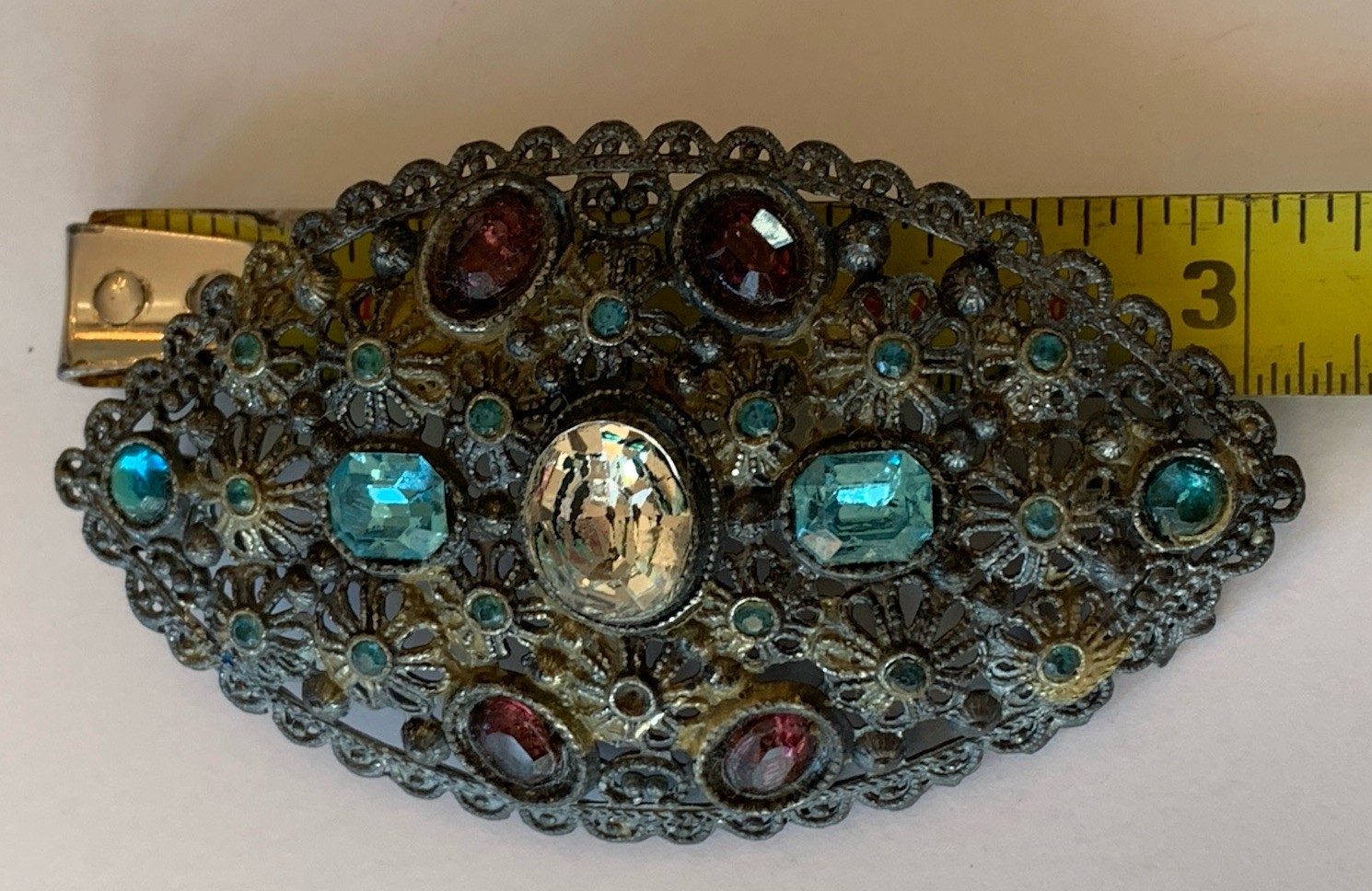 New England Glass Works Antique Brooch Pin Rhinestones Filigree Marked
