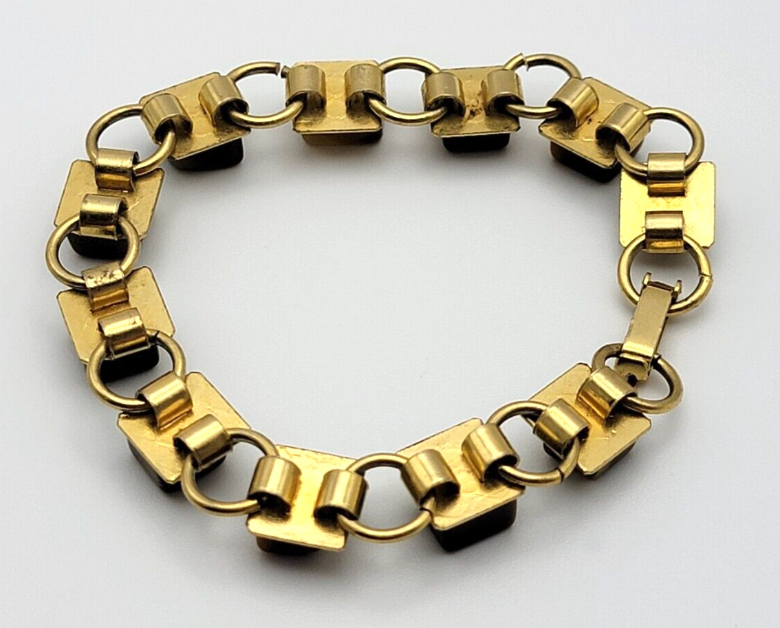 Vintage Art Deco Gold Tone Tiger’s Eye Square Bead Bracelet 7.25 in Fold Clasp