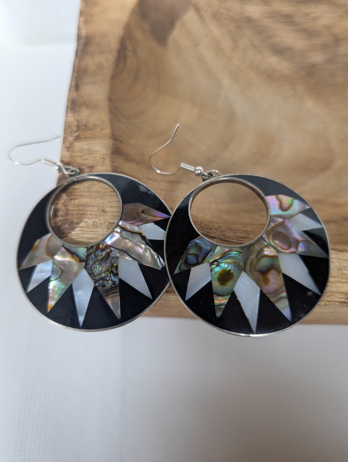 Vintage Alpaca Mexico Sterling Silver 925 Abalone Mother of Pearl Inlay Earrings