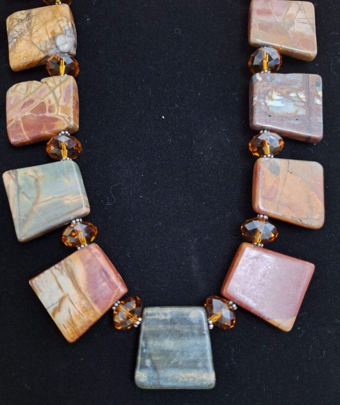 VTG Donna Dressler Polished Natural Stone/Faceted Crystal Necklace/SS Clasp