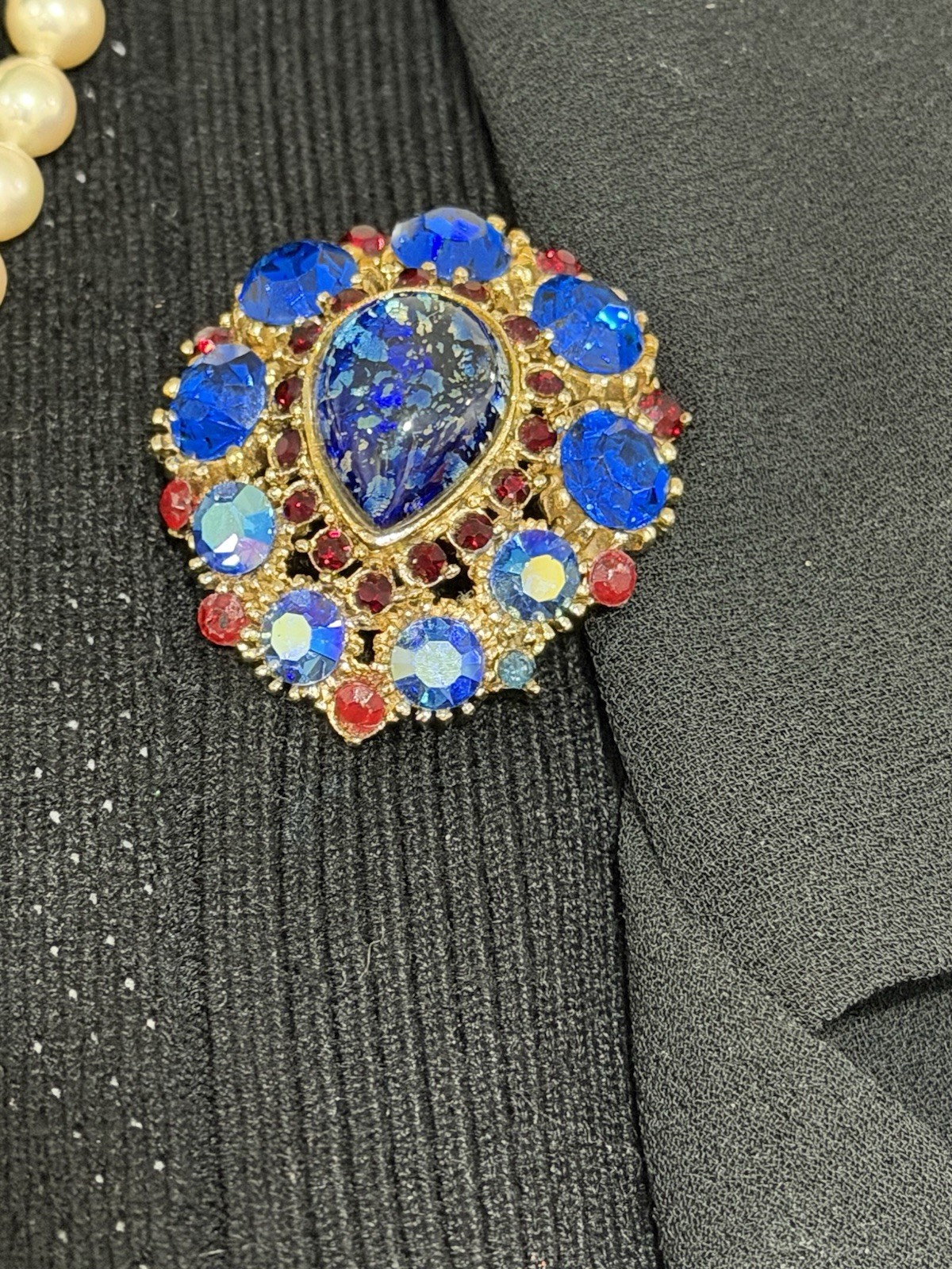 Vintage Brooch Center Teardrop Colbalt Blue AB Rhinestone Ruby Red Accent Stones